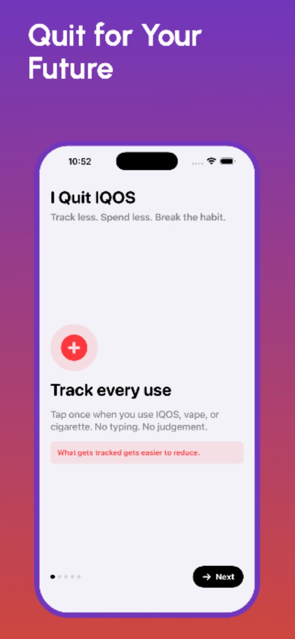 Quit IQOS Tracker Stop Vaping dashboard screenshot from Apple App Store.